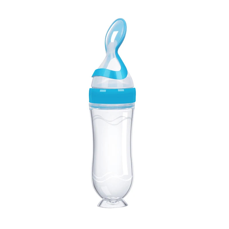 Cuillère bébé BabyGigi avec réservoir 90 ml – silicone sans BPA, couleur bleu
