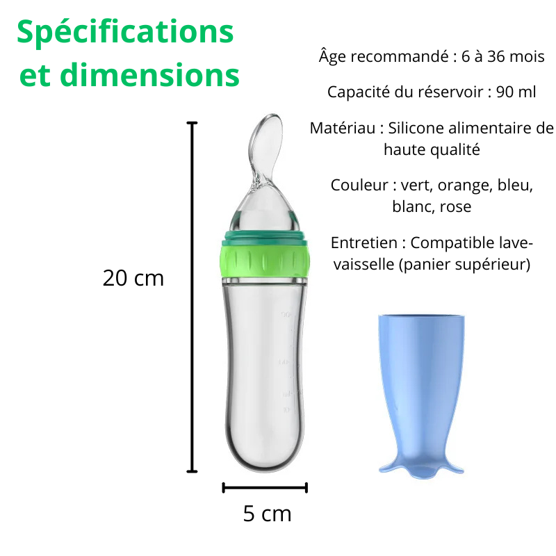 Cuillère bébé BabyGigi avec réservoir 90 ml – silicone sans BPA, dès 6 mois, matériel, entretien