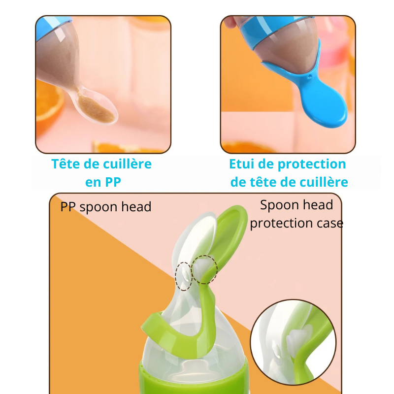 Cuillère bébé BabyGigi avec réservoir 90 ml – silicone sans BPA, etui protection, tete de cuillère en
PP